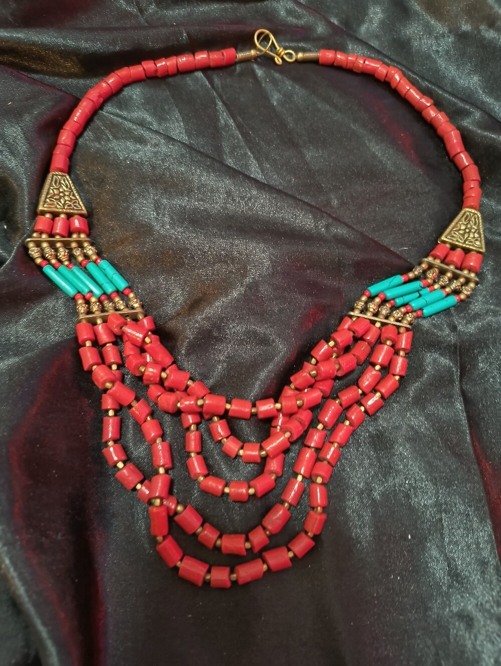 Vintage Handcrafted Silver Red Coral & Turquoise Beaded Tribal Necklace